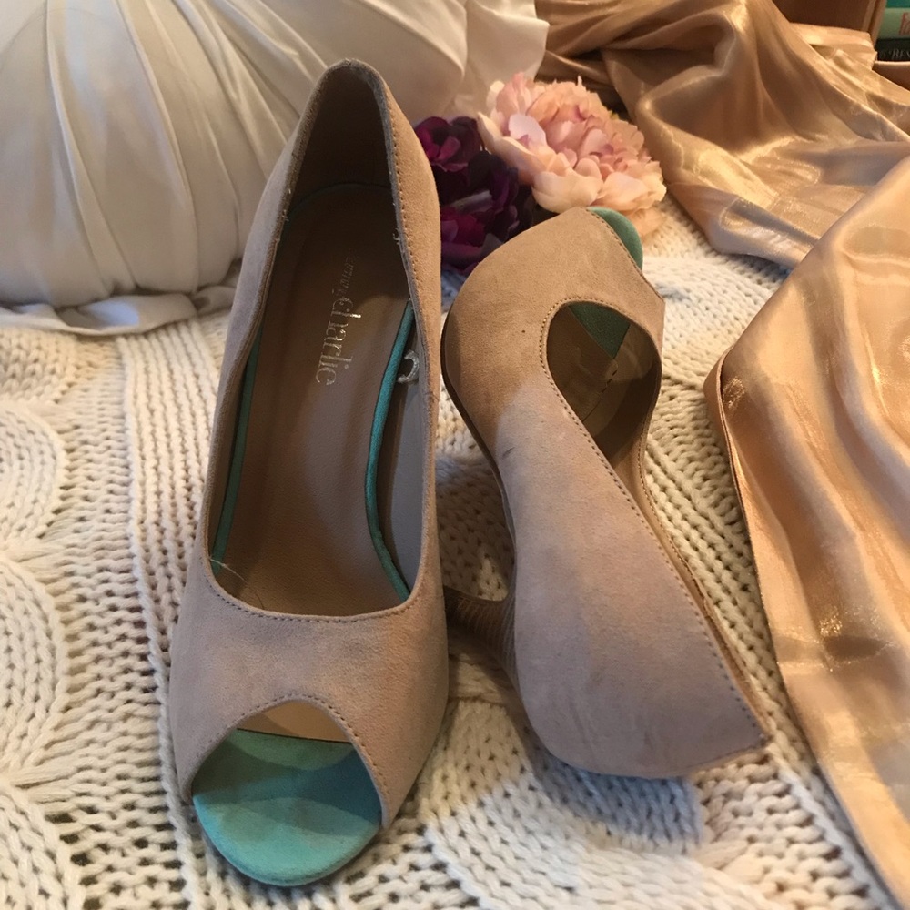 Charming Charlie Mint and Tan Peep Toe Pumps